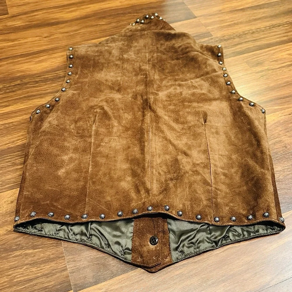 Vintage Arella Leather Gilet Sued Studded Beige Womens Wooden Accents Sz Small - Picture 4 of 9